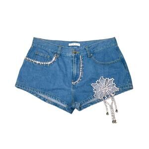 AREA Blue Denim Shorts with Crystal Accents
